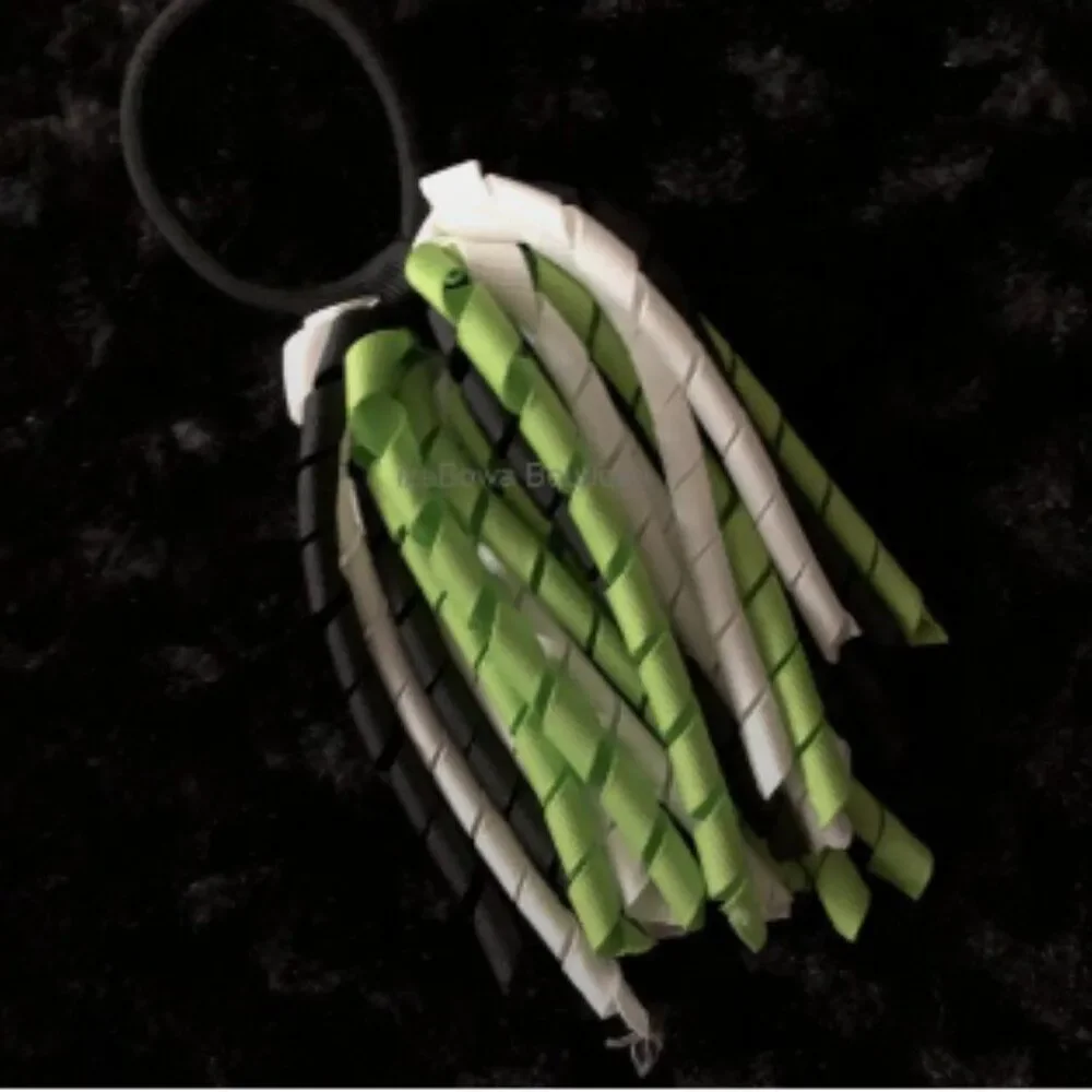 White, Lime Green & Black Korker Ponytail  KP1912  Handmade NWT Boutique
